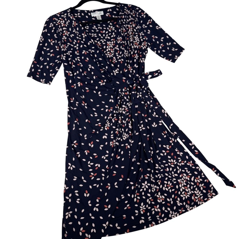 Motherhood Maternity Wrap Dress Women M Navy Blue Leaf Print V-Neck Short Sleeve
